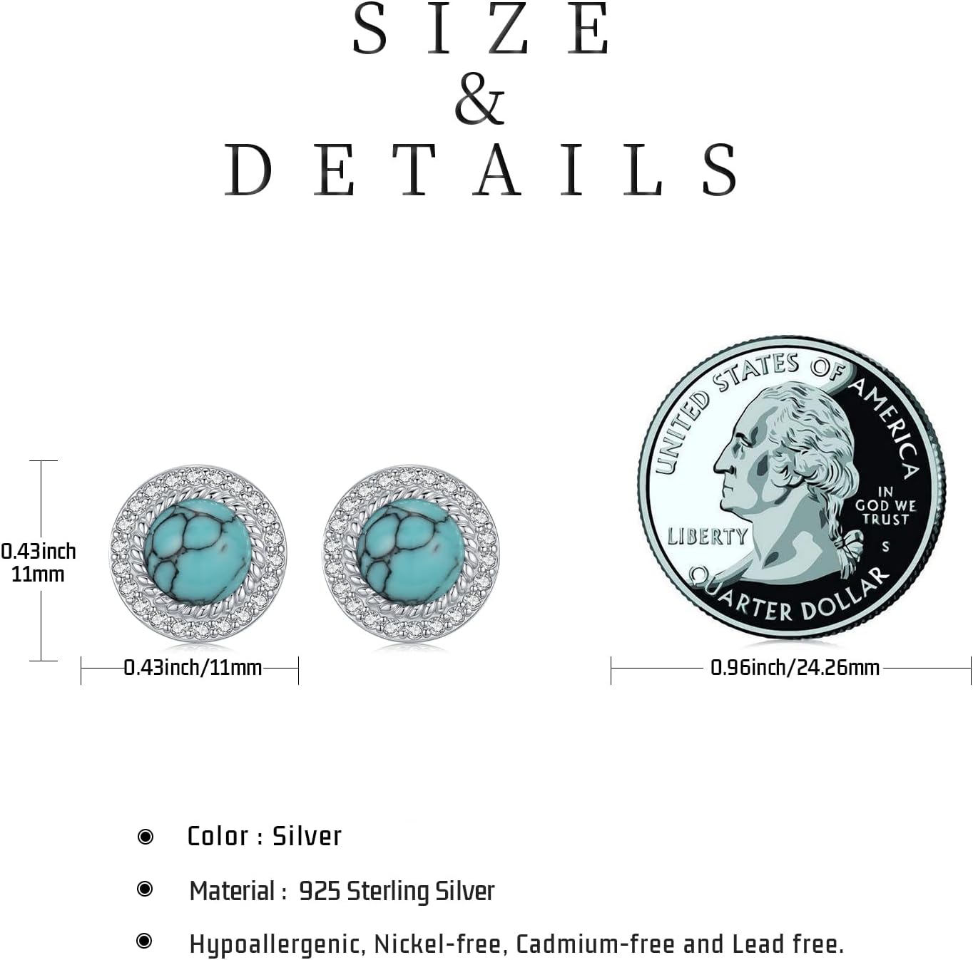 Turquoise Stud Earrings 925 Sterling Silver Bohemian Earrings Native American Jewelry for Women Men - Image 6