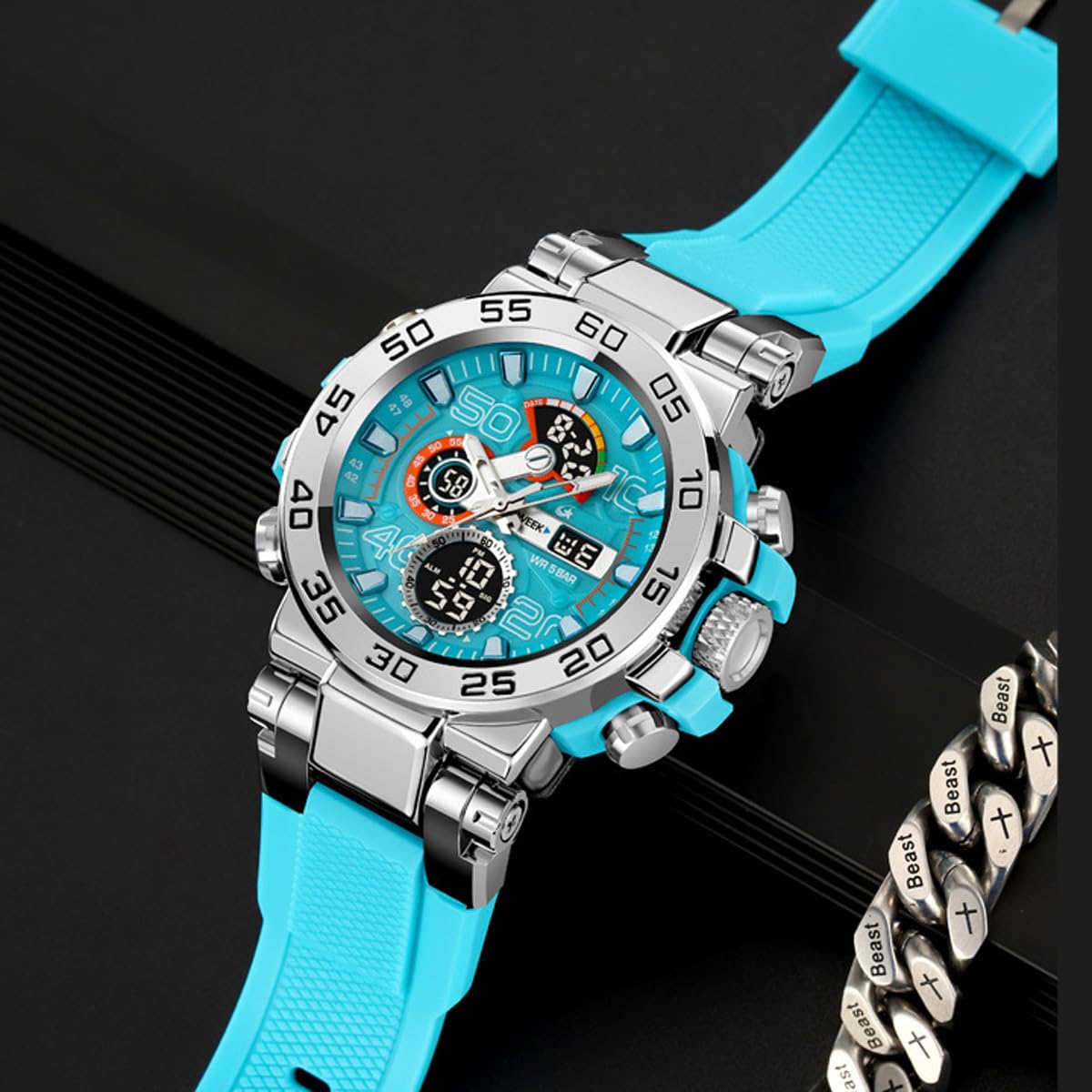 findtime Reloj deportivo militar para hombre, resistente al agua, digital, analógico, táctico, para exteriores, esfera grande, reloj de pulsera de doble hora, LED, luminoso, alarma, cronómetro