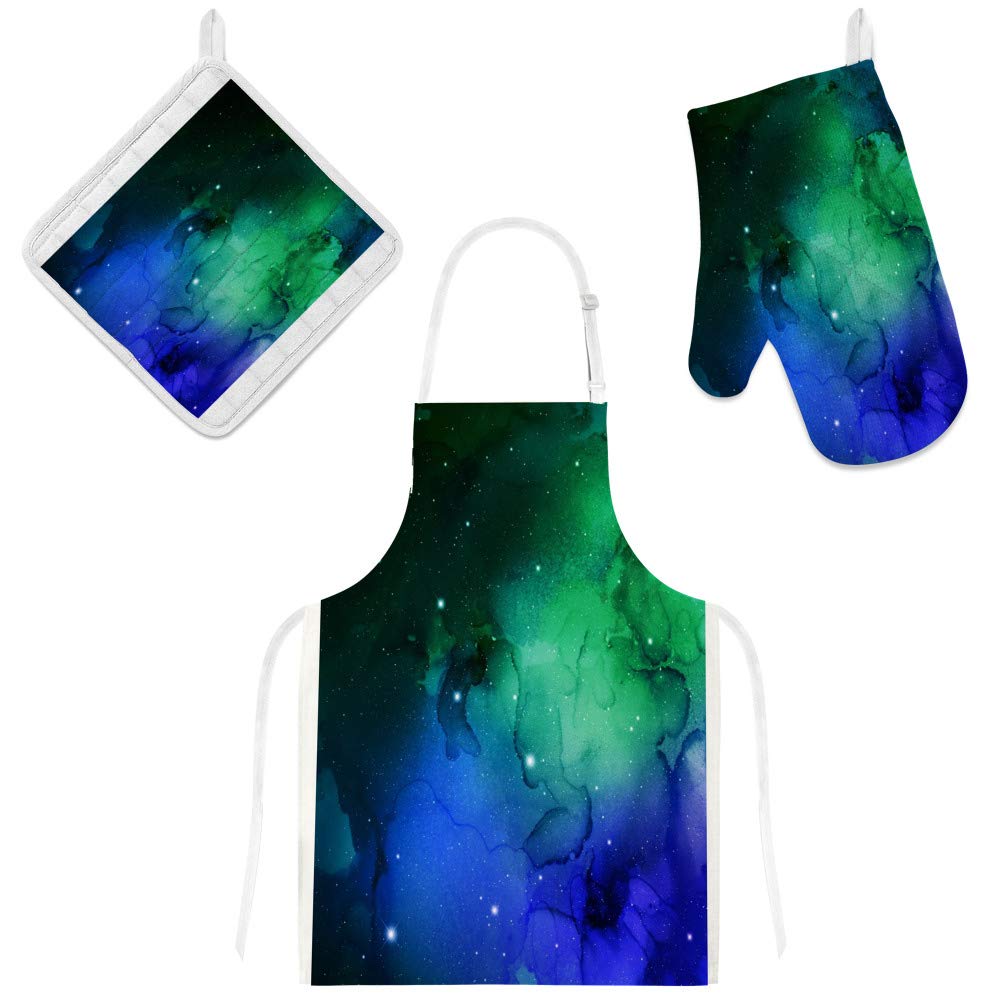 Tablier de cuisine étanche réglable avec gant et manique imprimé aquarelle