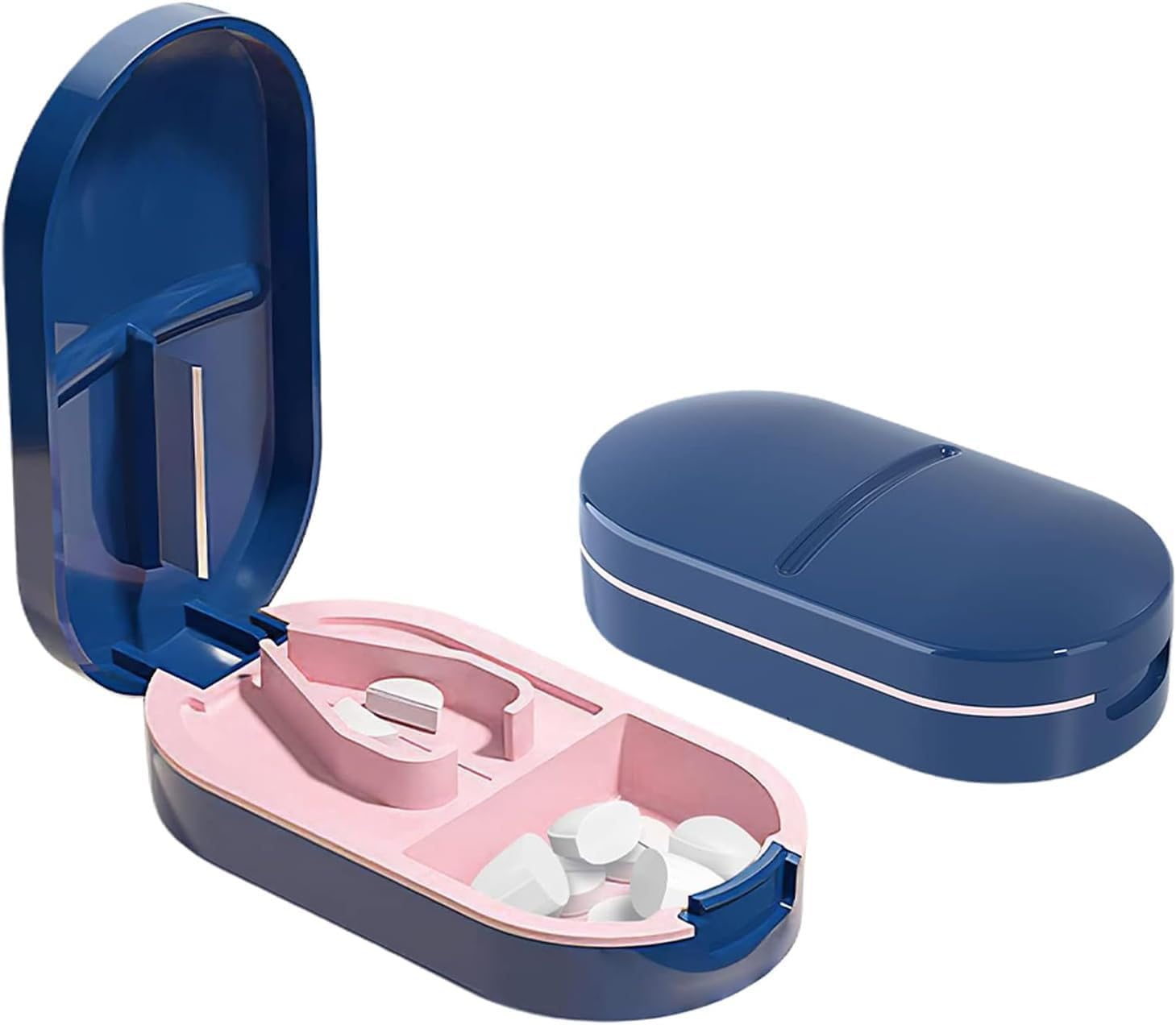 BELARO Pill Cutter with Storage,Portable Pill Splitter 2in1 Pill Case with Stainless Steel Blade, Pill Splitter for Small & Large & Vitamins Tablets, Portable Pretty Pill Crusher for Purse (Blue)