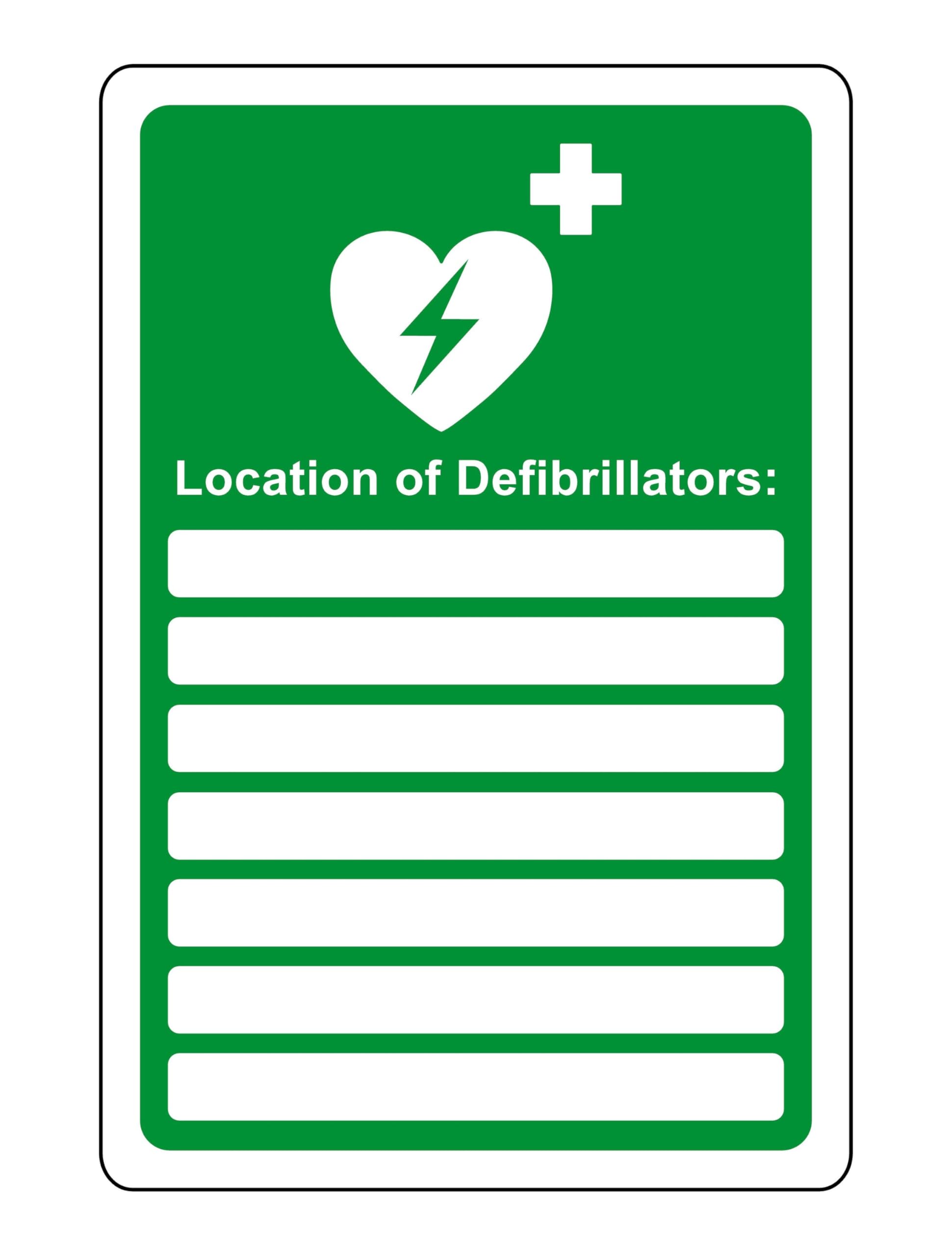 Safety First Display Ltd Green/White Location Of Defibrillators - Aed Safety Sign - High Tack Self-Adhesive Sticker (400Mm X 300Mm) Viewing Distance Within 14M.