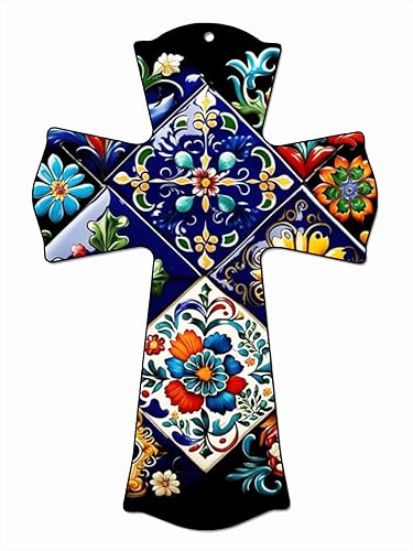 Miniatura 1 de CALUOHO Cruz de madera colgante de Talavera mexicana de cerámica para decoración del hogar, crucifijo mexicano para el hogar, cocina, dormitorio,