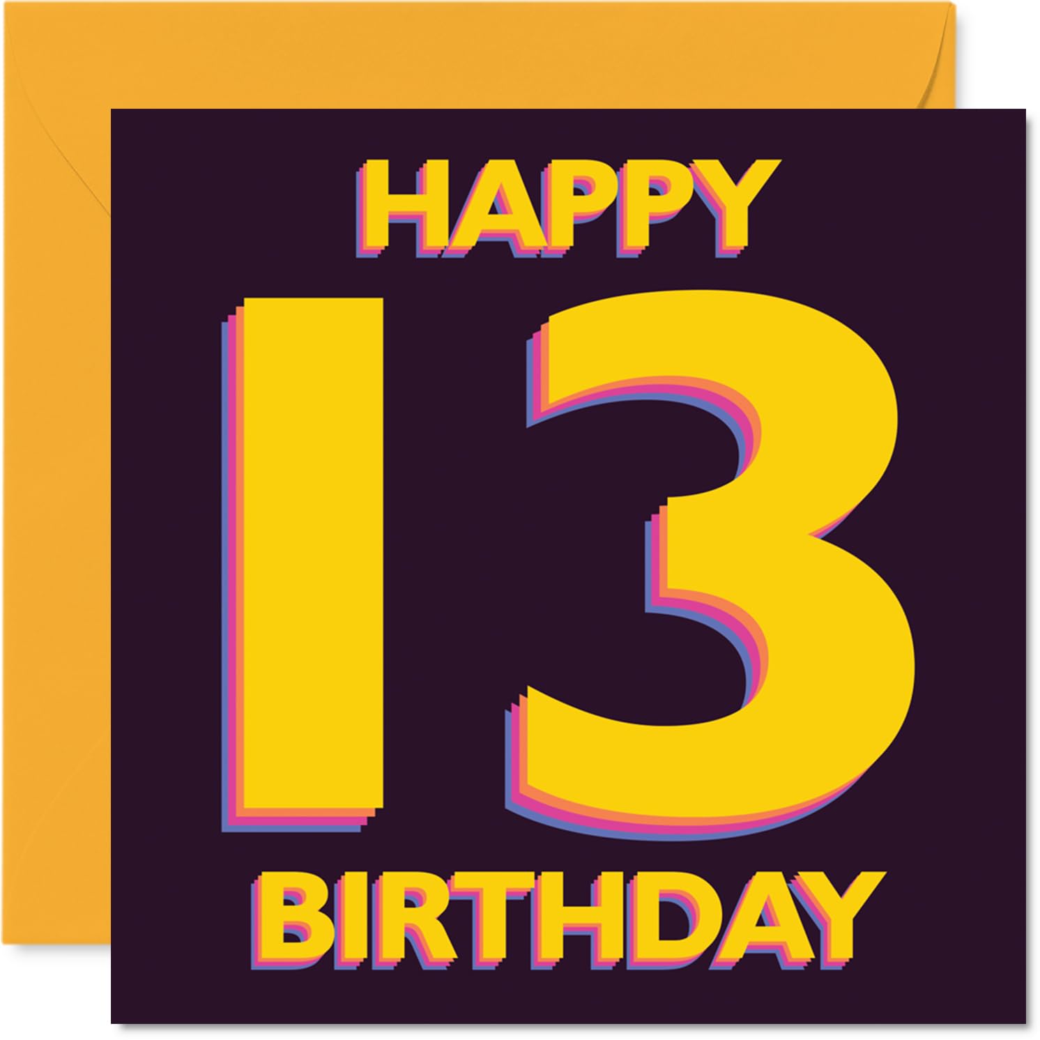 Playful 13th Birthday Card - Teen Spirit in Bold Colours - Vibrant 'HAPPY 13 BIRTHDAY' Design with Purple and Yellow Pop - 145mm Square, Envelope Included