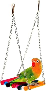 SunGrow Parrot Cage Hammock Swing, Colorful Wooden Swing with Metal Chain and Clasp, 1 Pack