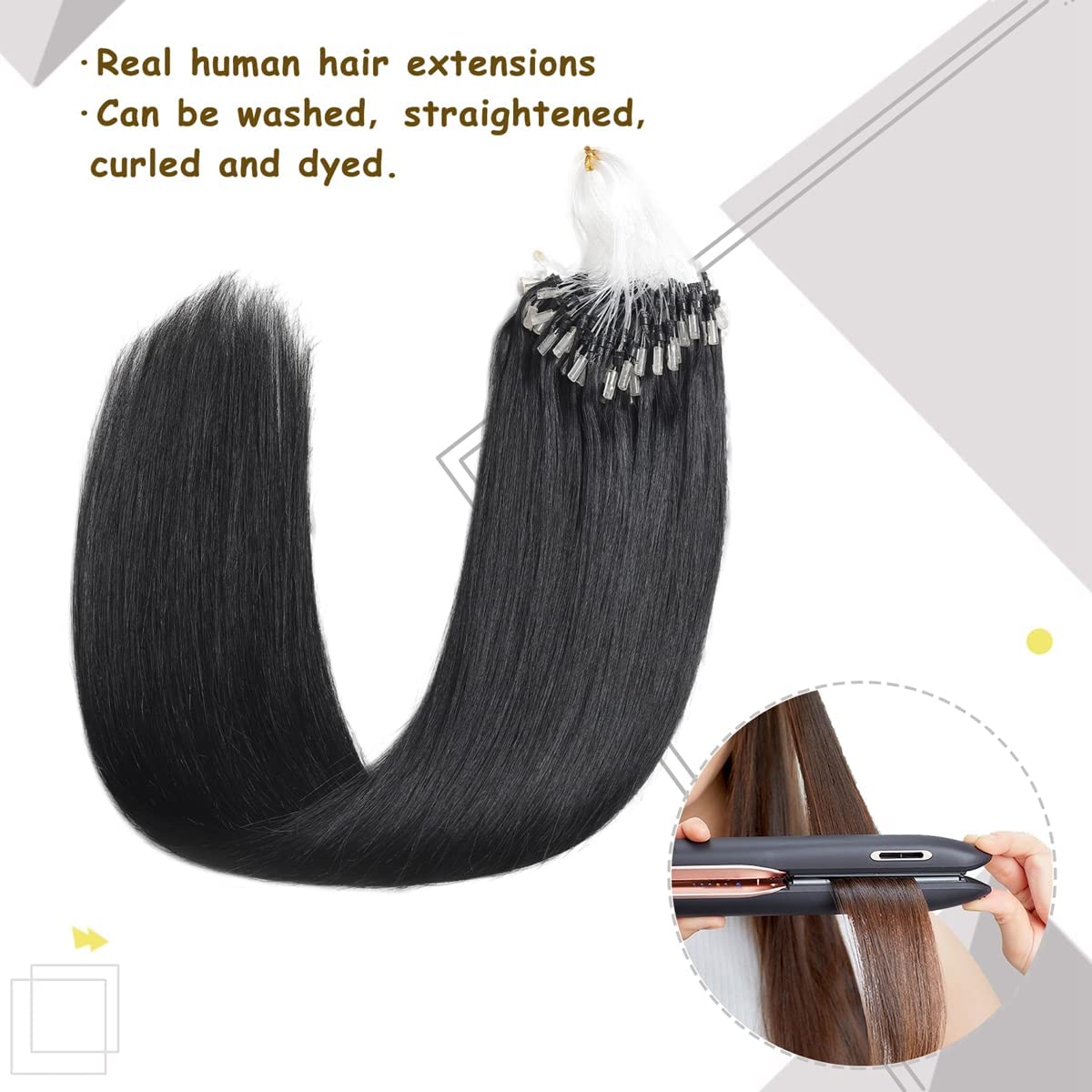 Micro Loop Echthaarverlängerungen Micro Bead Haarverlängerungen Echthaar Microlink Haarverlängerungen Echthaar Micro Ring Haarverlängerungen 100 Stränge für Frauen,Schwarz,14in