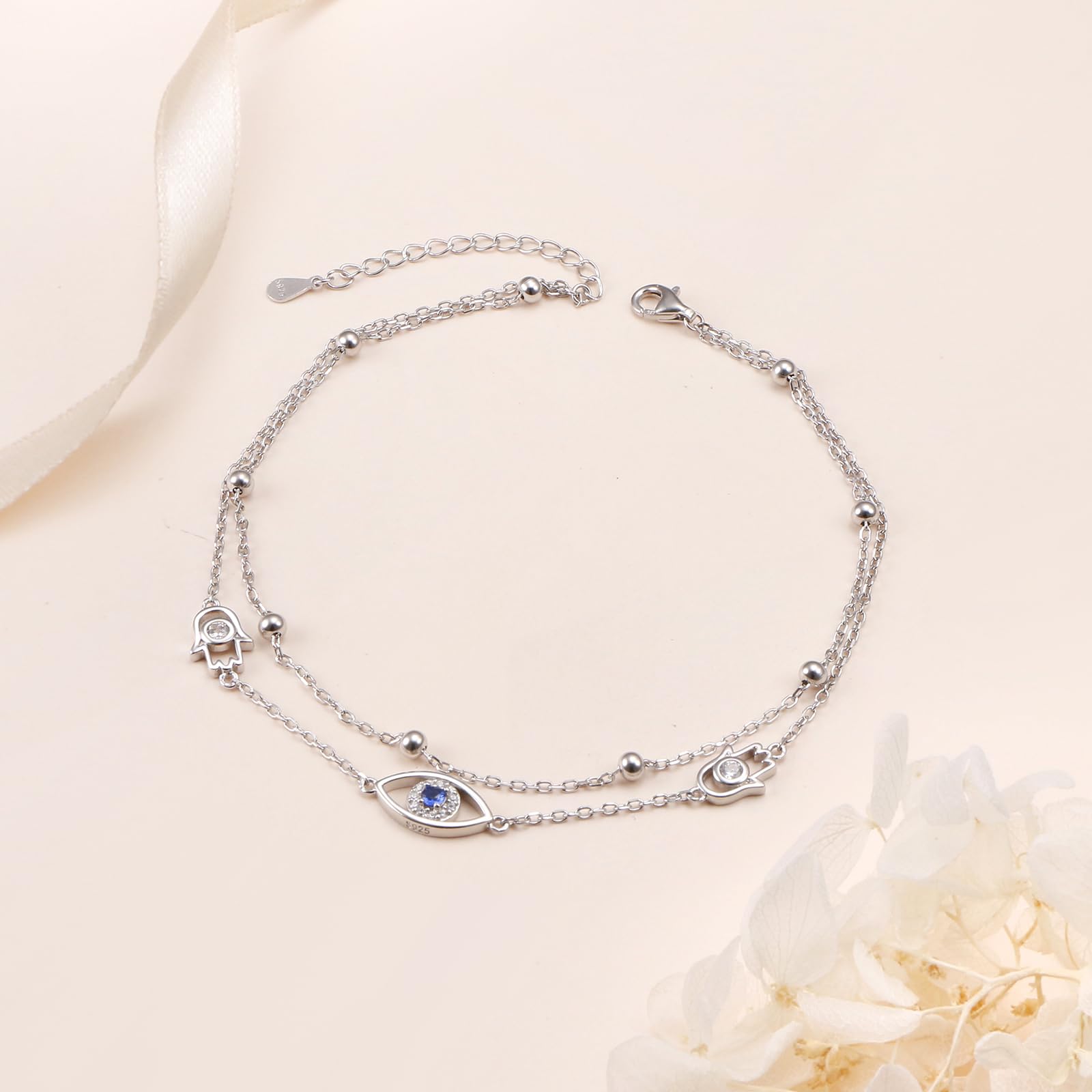 Tobilleras ajustables de plata de ley 925 contra el mal de ojo para mujer, doble capa, cadena de pie de playa, regalos de joyería