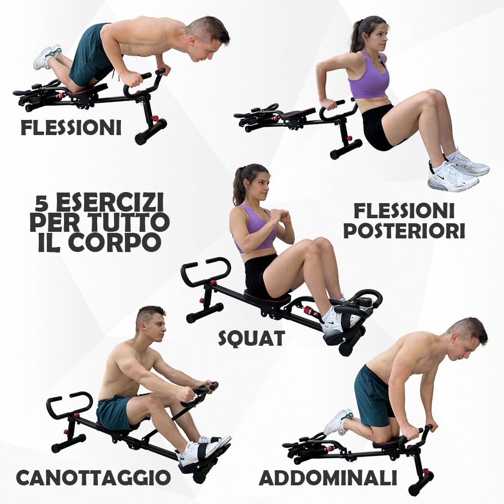 GIORGIO MASTROTA Vogatore per casa Pieghevole Con Display e 12 Livelli di resistenza Salvaspazio e silenzioso Attrezzo Palestra Multifunzione Pettorali Glutei Addominali Gambe Braccia Aerobica