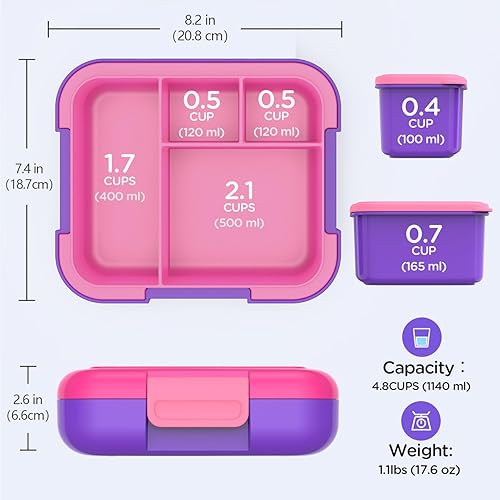 Miniatura 5 de Caperci Lonchera Bento para niños, contenedor grande de 4.8 tazas con 2 recipientes modulares, 4 compartimentos, a prueba de fugas, mango portátil