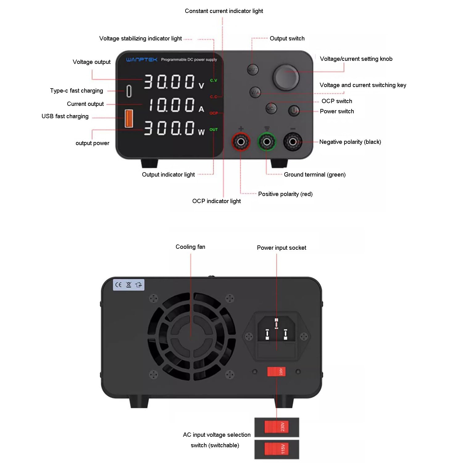 Alimentatore da Banco Regolabile Variabile Laboratorio 4 Cifre Display, for la Manutenzione del Laboratorio Software for PC 30V 10A 5A 60V,SPPS-S1203R