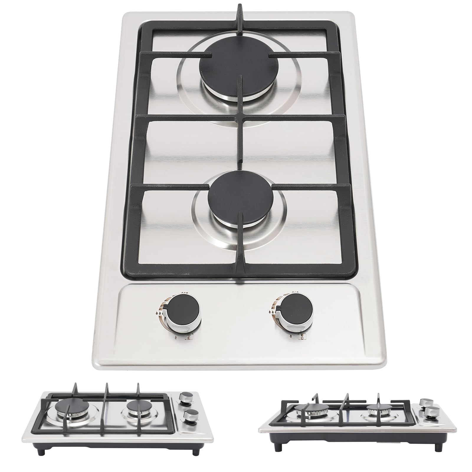 Plaque de cuisson à gaz portable 2 feux, 3 kW + 1,75 kW, en acier inoxydable pour camping et camping-car, plan de travail et montage encastré, 51 x 31 x 10 cm, pour gaz naturel et GPL (argent