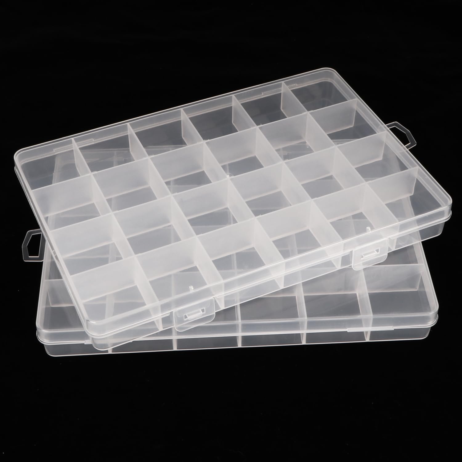 Paquete de 2 cajas organizadoras de plástico transparente con 24 rejillas para manualidades, cuentas, joyas, piezas pequeñas, 7.4 x 5.1 x 0.86 pulgadas