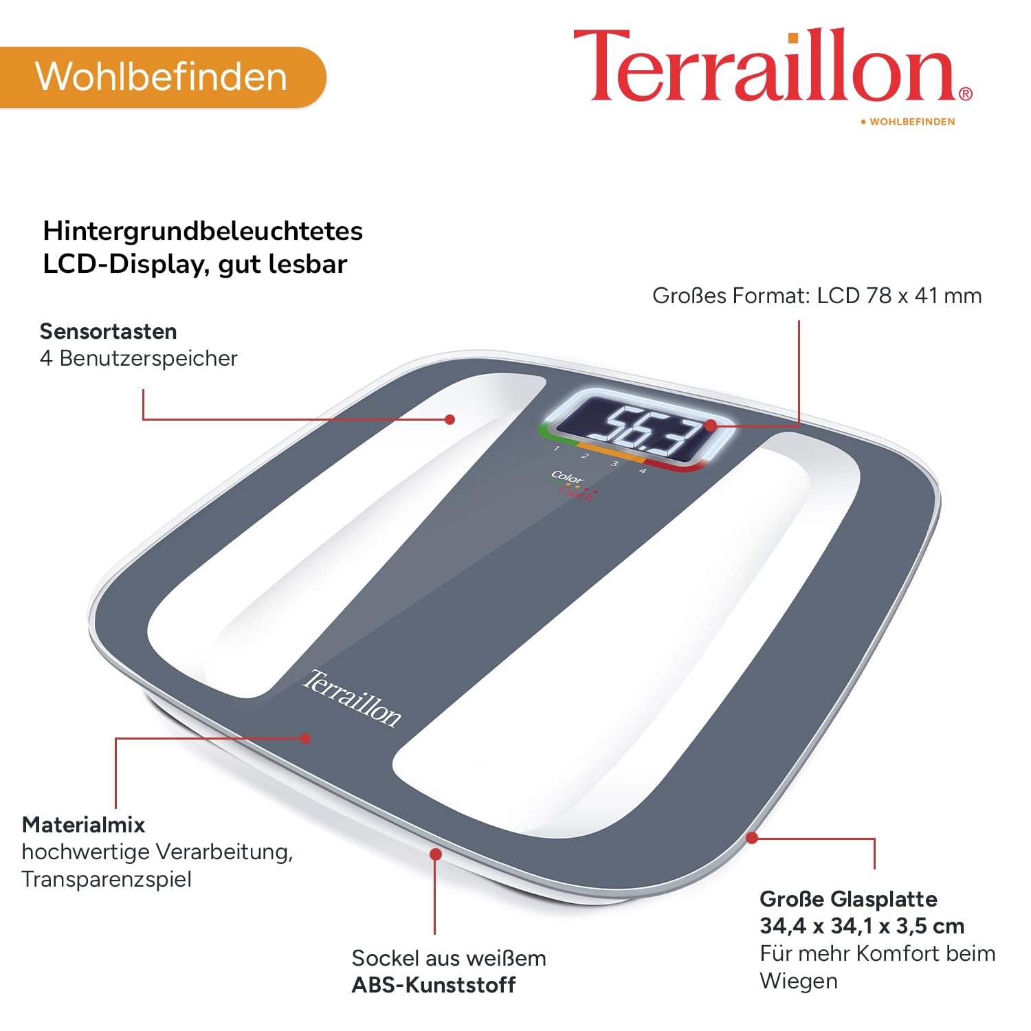 Terraillon Elektronische Personenwaage, 4 Speicherplätze, Farbige Einteilung der Gewichtsveränderungen, Automatisches Ein- und Ausschalten, 160kg, Color Coach Quattro, Grau/Weiß