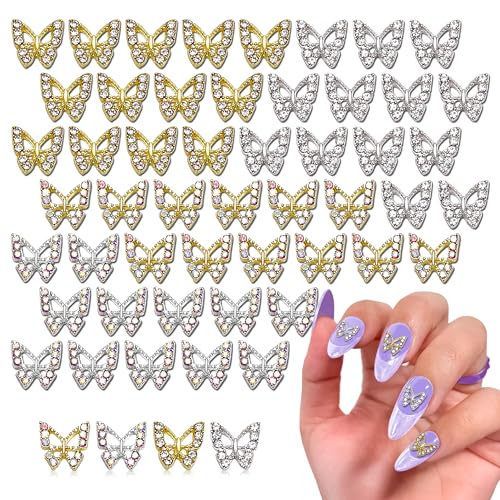50 Pcs Butterfly Charms for Nails – Silver & Gold Butterfly Nail Charms, Long-Lasting Shine, Nail Decorating Kit for Any Occasion – Sparkly Nails Design for Eye-Catching Style