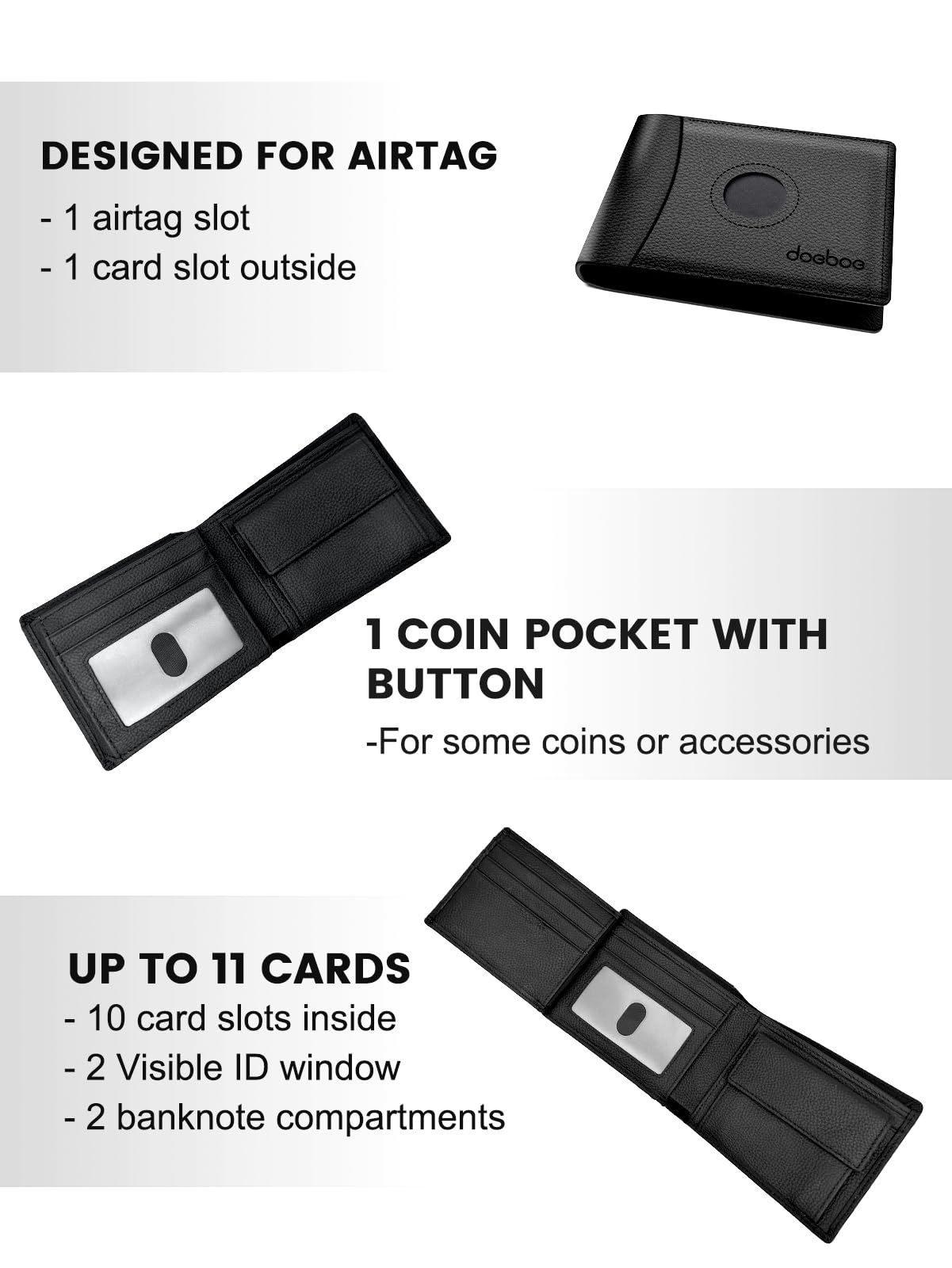 doeboe Airtag Wallet Trifold with Coin Pocket, Air tag Wallet RFID Blocking Credit Card Wallet for Men Genuine Leather, Compatible with Apple Airtag GPS Tracker, Airtags Accessories, Black, Classic