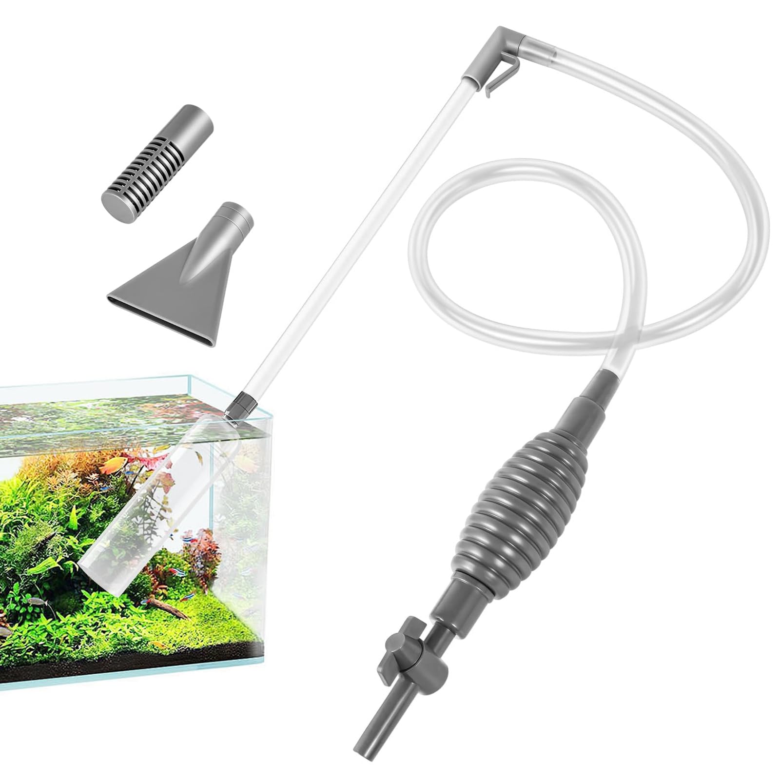 Sifonador Acuario, Mulmsauger Aquarium con Sifón y Limpiador de Grava, Limpiador de Fondo para Acuario, Accesorio de Mantenimiento