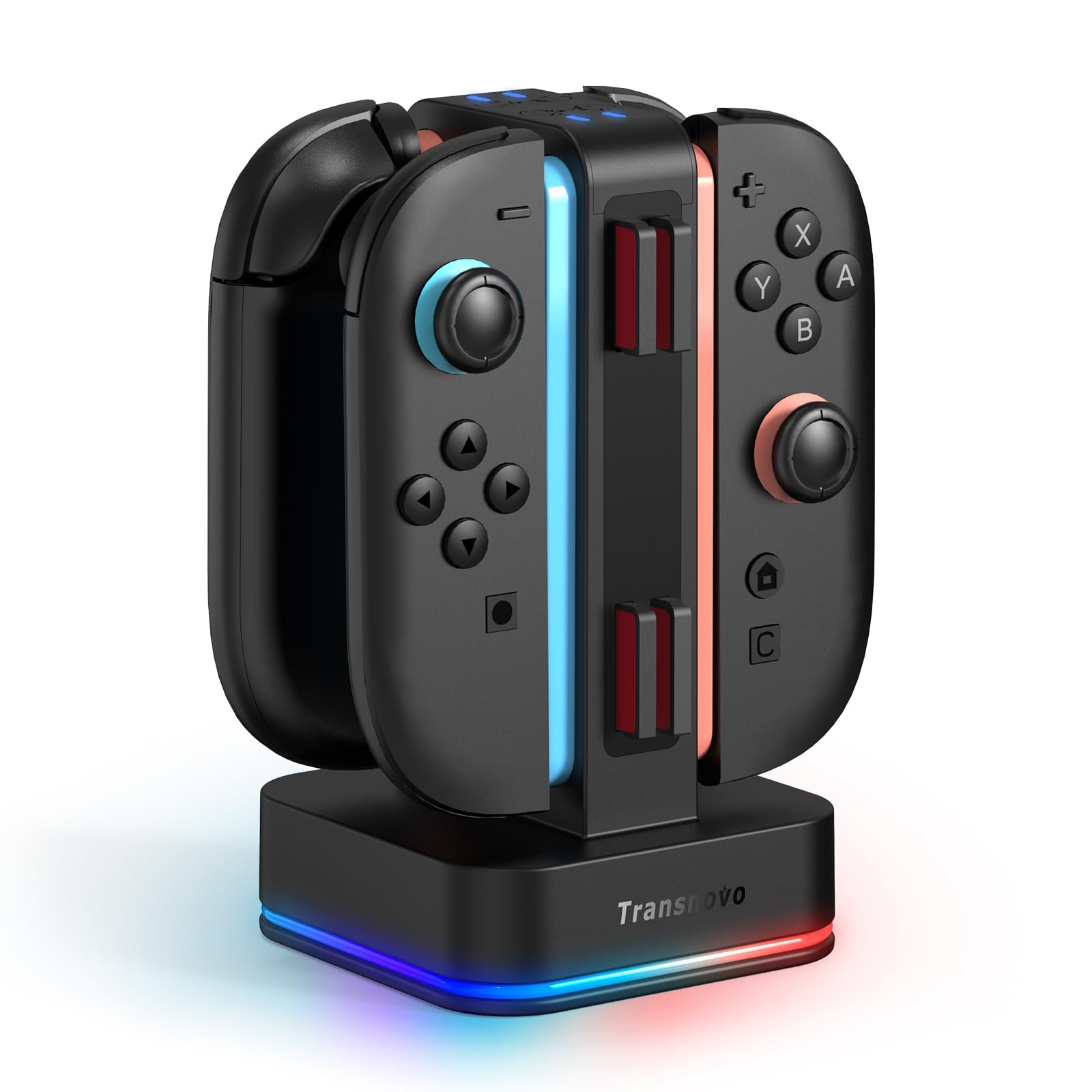 TRANSNOVO Chargeur Compatible avec Nintendo Switch 2, Station de Charge 4 en 1 avec 8 Emplacements pour Cartes de Jeu, Indicateur LED, 9 Modes RGB Lumière Gaming, Charge Simultanée de 1 à 4 Joycon