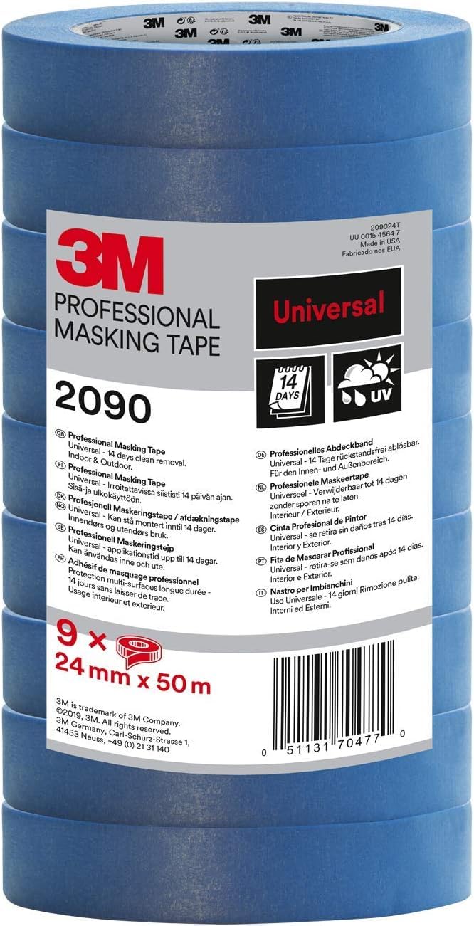 3M Nastro di Mascheratura 2090, Multiuso, Blu- 9 Rotoli, 24 mm x 50 m - Nastro Adesivo Multiuso Scotch per Lavori di Pittura e Decorazione