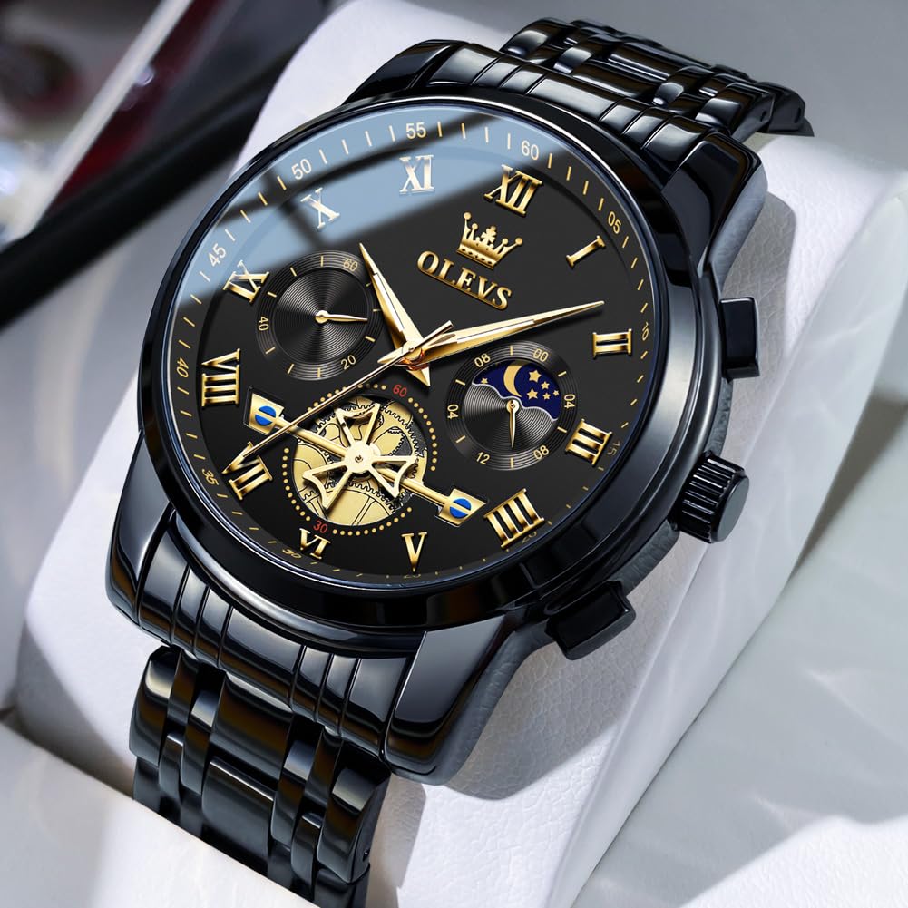 OLEVS Herrenuhren Edelstahlarmband Quarz Uhr Männer mit Römischen Zahlen Mondphase Wasserdicht Leuchtende Klassische Elegantes Armbanduhr Geschenk Sale Marken