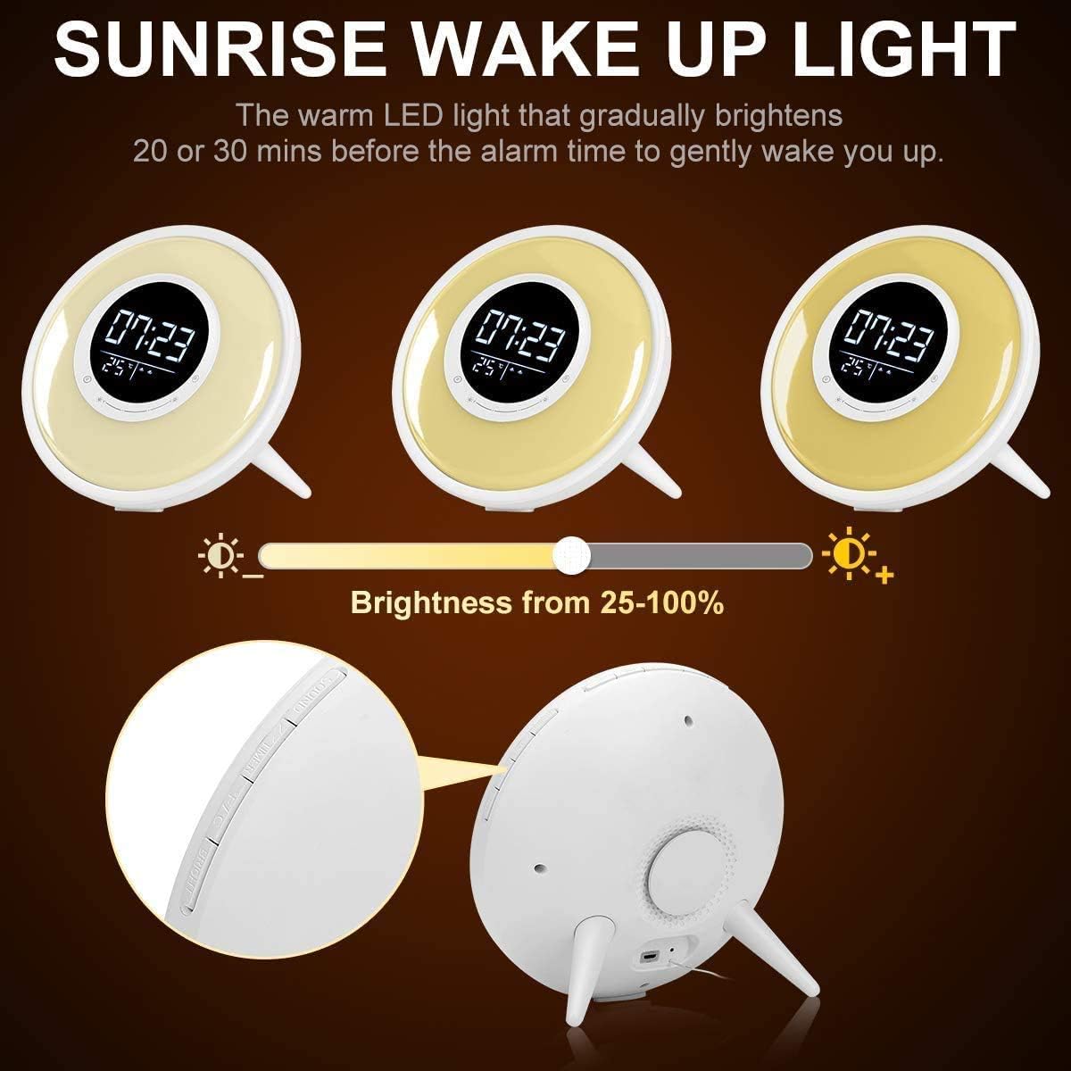 Sunrise Wake Up Light Alarm Clock , Sleep Sound Machine, FM Radio, 11 Colors Night Light with Sleep Timer /21 Sounds /Dual Alarm /Snooze/Child Lock/Temperature Display