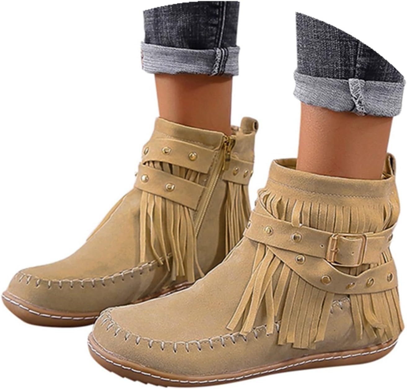 Womens Fringe Ankle Booties Fashion Round Toe Winter Boots Warm Zipper Short Flats Boots Outdoor Pull On Shoes