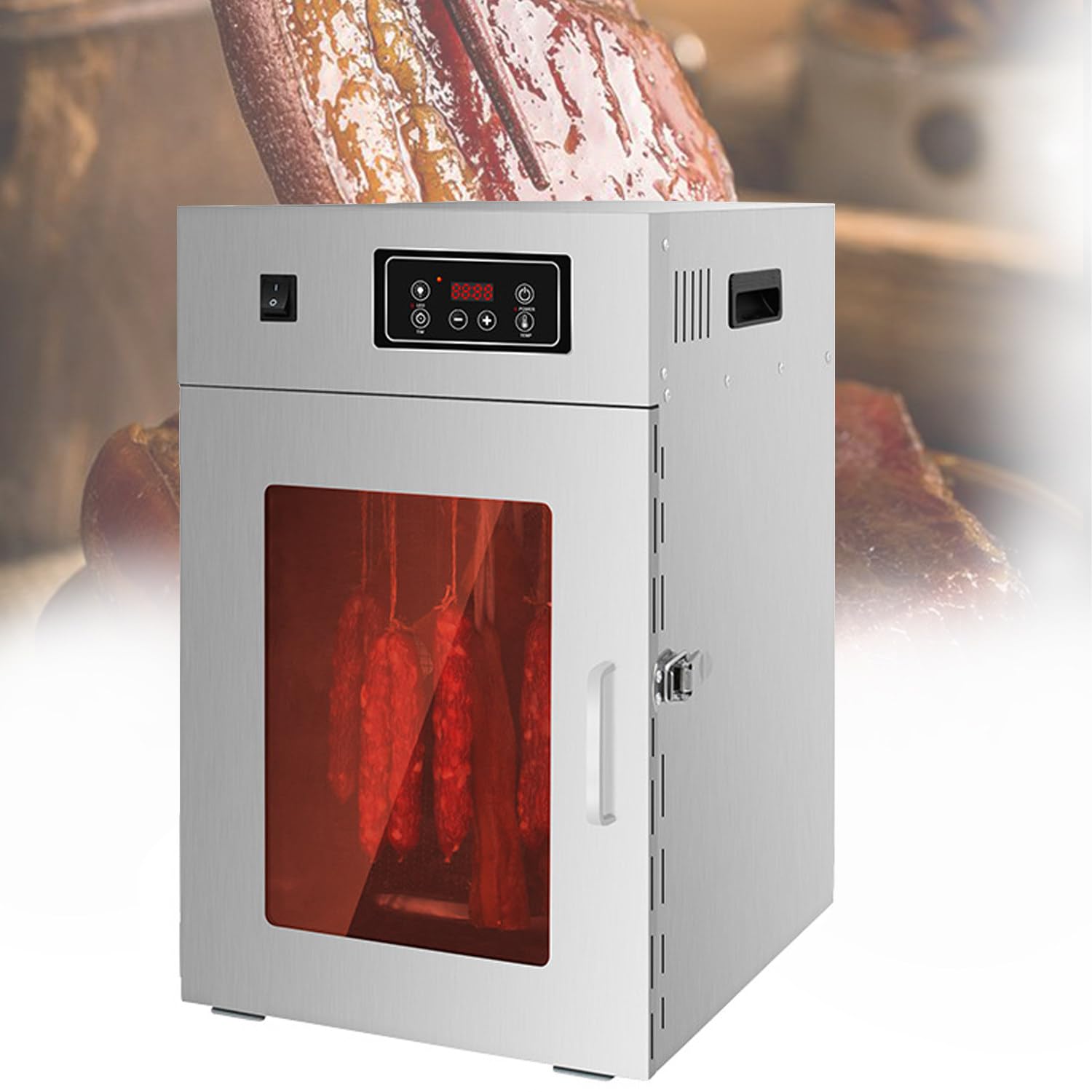 Ymnogjie 800W Stainless Steel Food Dehydrator, 360° Rotating Meat Dryer with 14 Hooks, 30-90°C Adjustable Temperature, Touch Control & 24H Timer, 7.5KG Capacity for Jerky