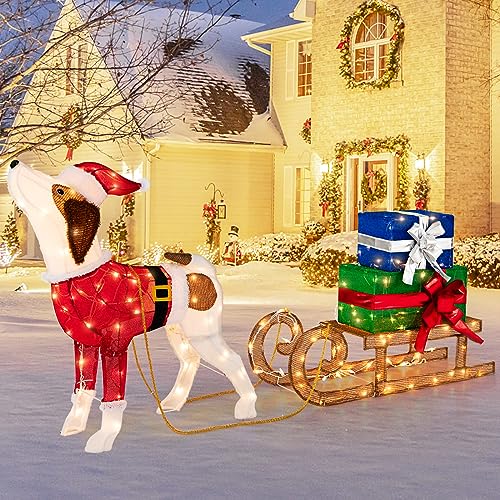 GOPLUS LED Hund mit Schlitten, 80cm Beagle-Figur Deko beleuchtet Weihnachten, glühendes Hündchen Weihnachtsdeko, Puppy Deko Weihnachtsfigur für Innen Außen