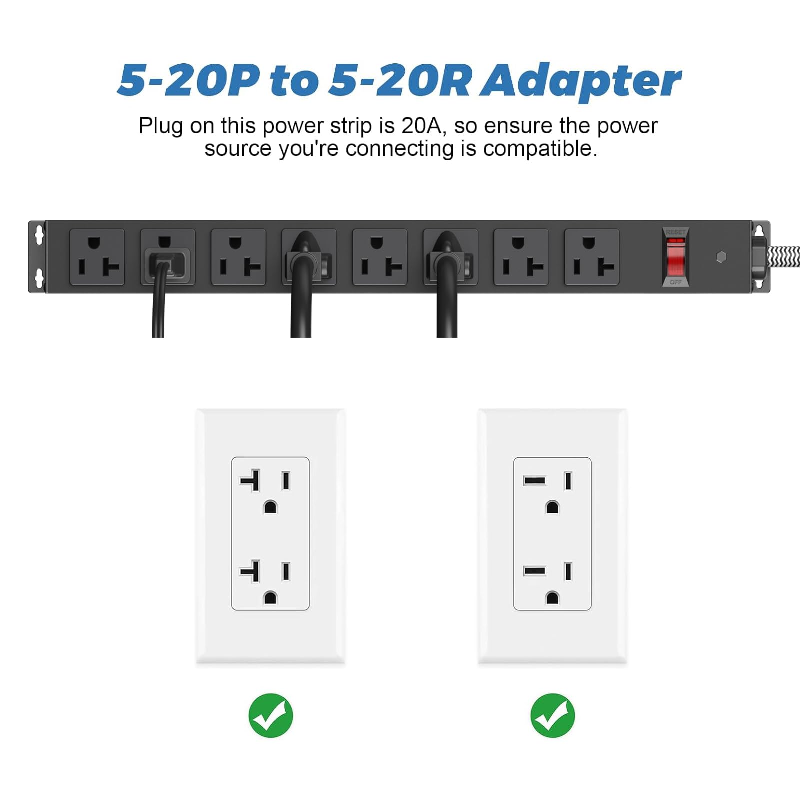 Protector de sobretensiones de 20 amperios de alta resistencia, para montaje en pared, toma de corriente industrial de metal con interruptor, cochera con múltiples tomacorrientes