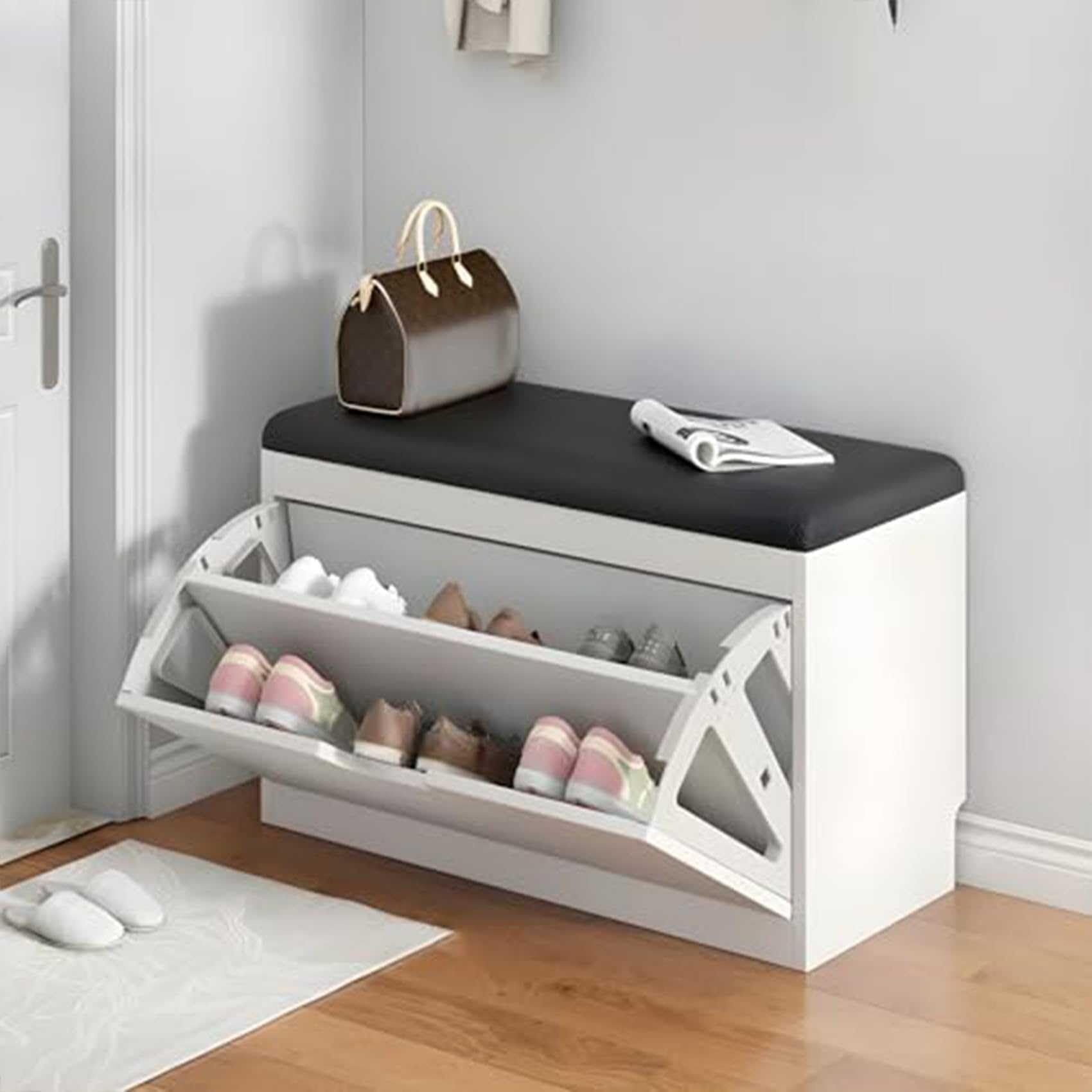 Moderno zapatero familiar con puertas, organizador de zapatos con banco de cojín para almacenamiento de zapatos (blanco, 20 pulgadas), solución elegante y que ahorra espacio para el hogar