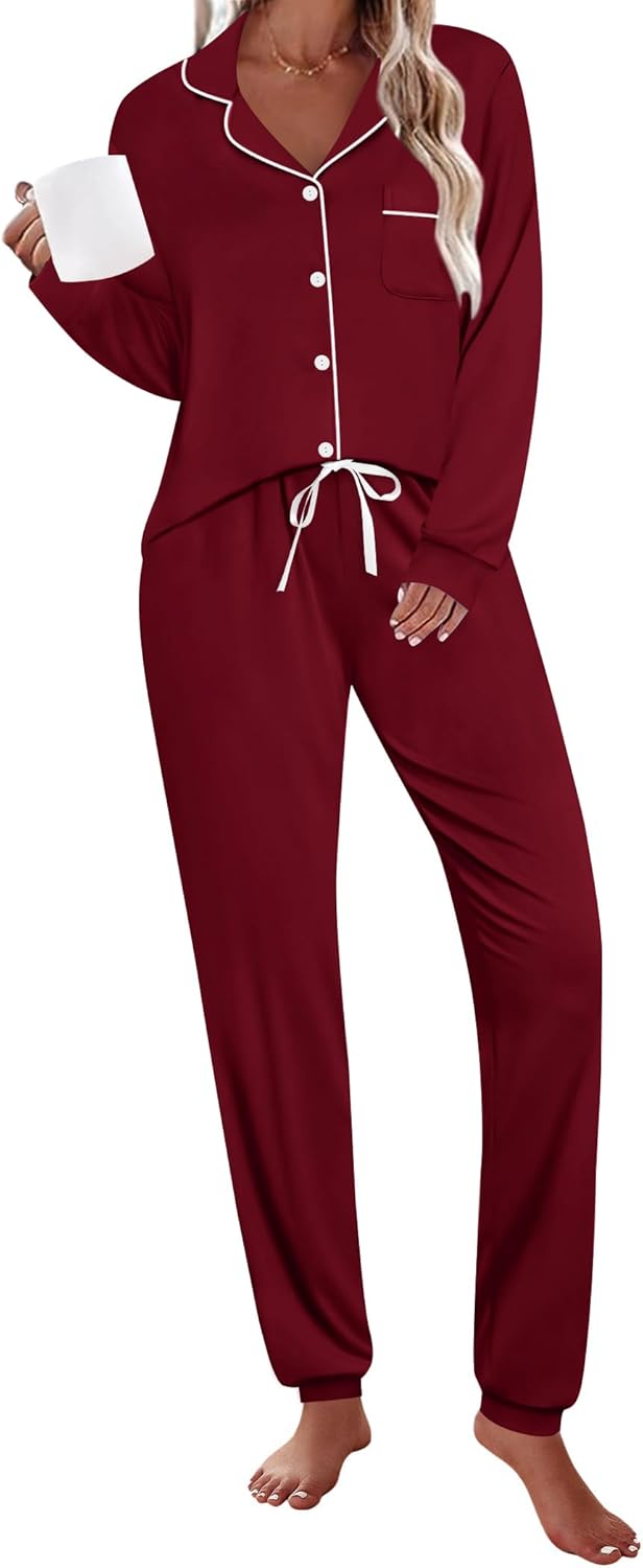 SWOMOG Womens Pajamas Set Long Sleeve Sleepwear Button Down Nightwear Soft Joggers PJs Sets with Pockets Lounge Sets