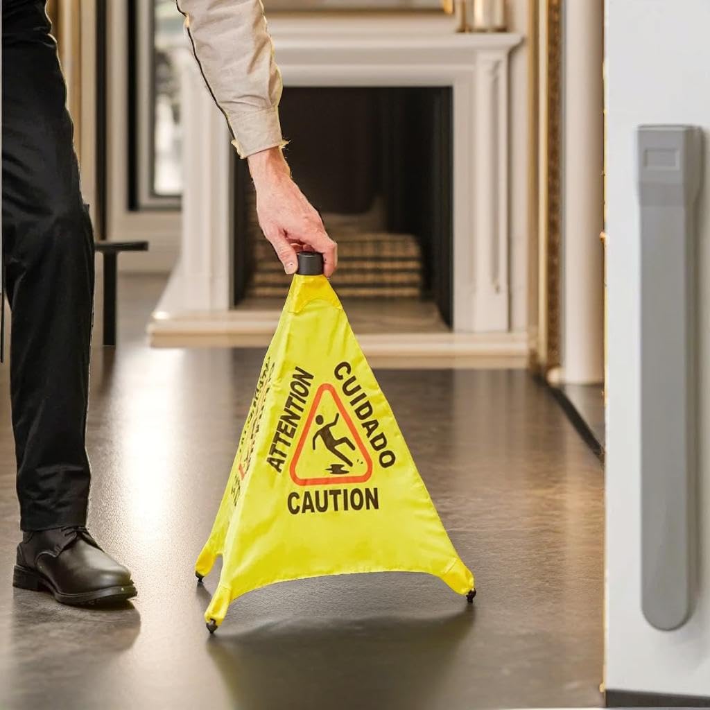 Letrero de precaución para suelo mojado, paquete de 2 – Cono desplegable resbaladizo cuando está mojado, montado en la pared, plegable, multilingüe, advertencia de seguridad amarilla para tiendas de