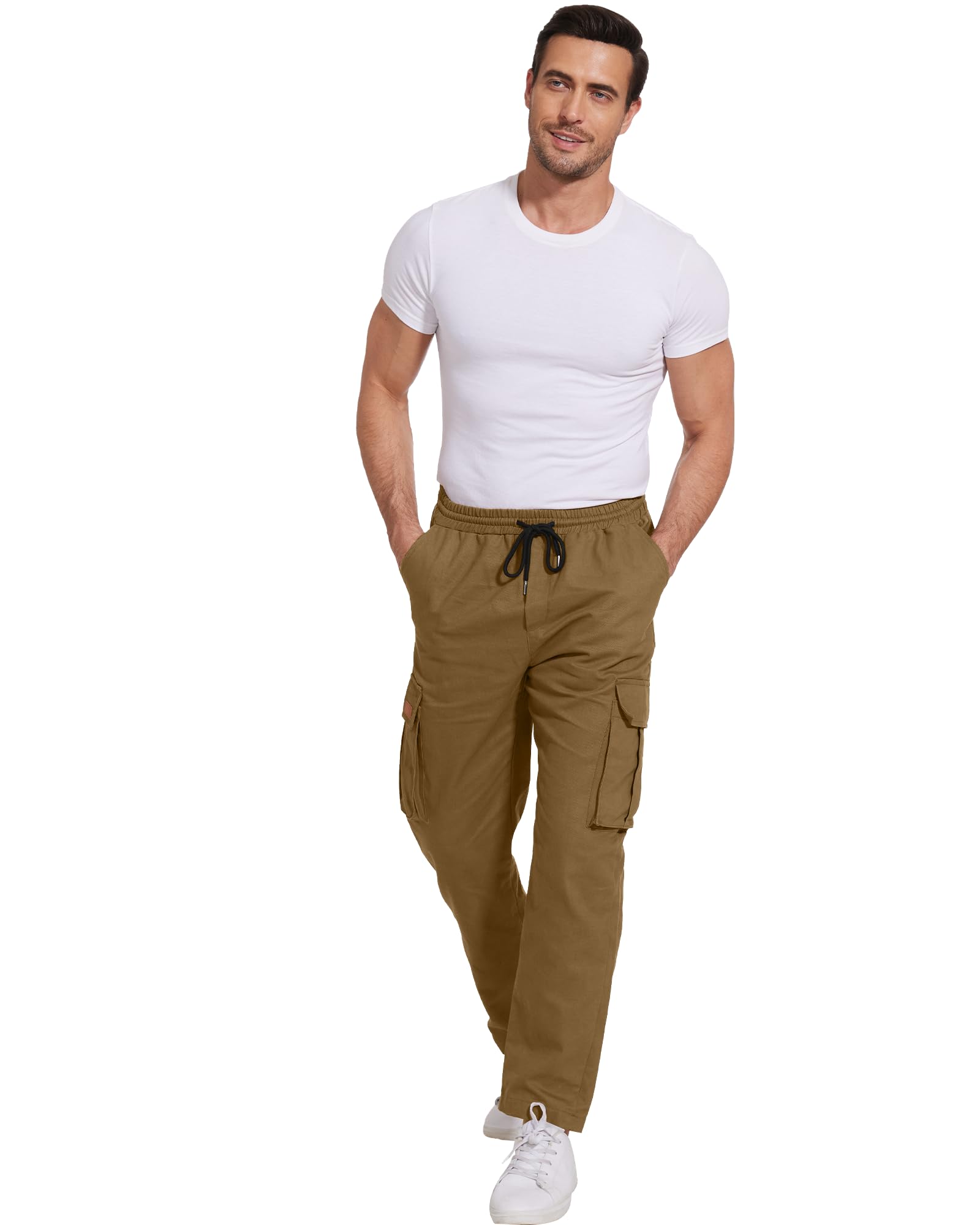 YAOBAOLE Pantalons Cargo Homme Coton Pantalon de Travail avec Multi Poches Taille Elastique Cordon de Serrage