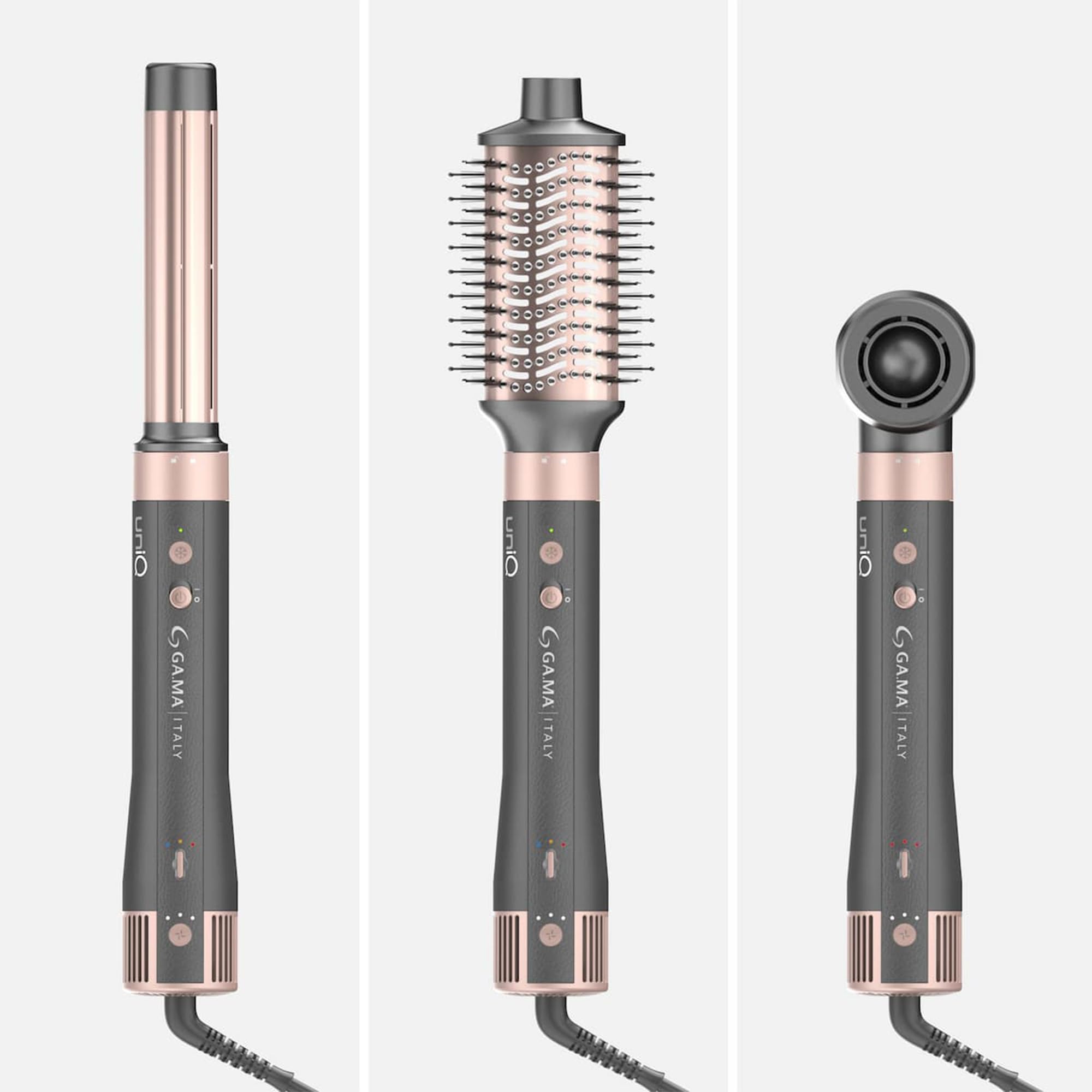 GA.MA Italy Professional, UNIQ AURA Multistyler 4 en 1, motor sin escobillas de 100 000 rpm, tecnología Coanda y turmalina, cepillo ovalado de 60 mm, 2 rizadores de 32 mm, aire frío, autolimpieza