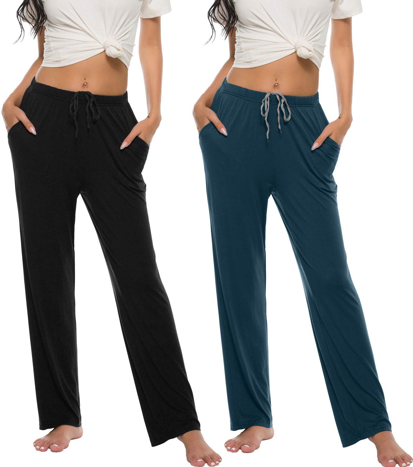MoFiz Pantaloni Lunghi da Pigiama Donna Morbidi Pantaloni Larghi da Notte con Tasche per Yoga Jogging