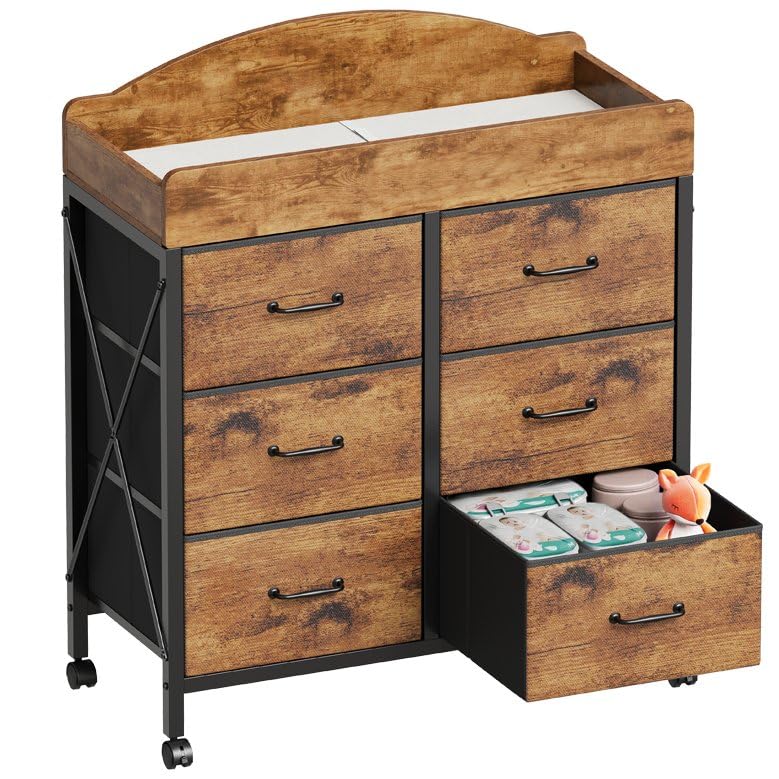 La Mejor Lista de Muebles para bebé - los más vendidos. 47 Yetom Cómoda Mesa Cambiadora de Bebé con Ruedas, Cómoda de Bebé de 6 Cajones de Tela con Superficie de Mesa Cambiadora, Estación Impermeable para Cambio de Pañales y...