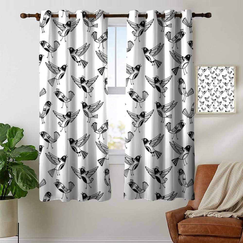 petpany living room curtains Black and White,Doodle Style Sketch Childrens Cartoon Birds with Funny Curious Expressions,Black White,Adjustable Tie Up Shade Rod Pocket Curtain 42"x45"