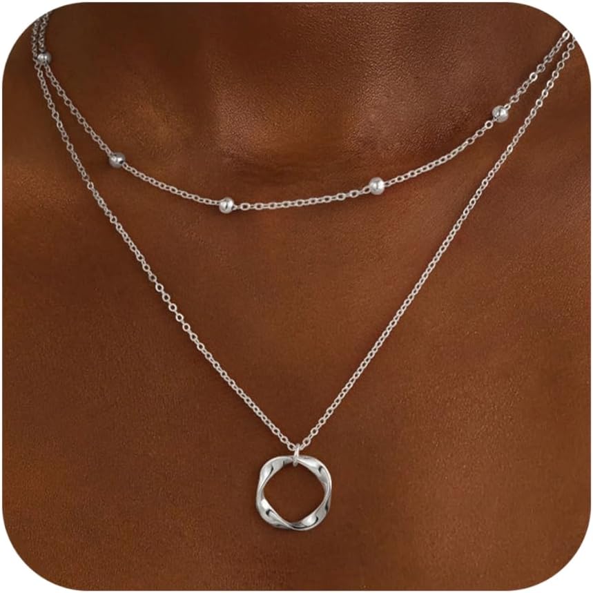 Layered Necklaces for Women Stackable Dainty 14K Real Gold Silver Plated Circle Pendant Necklace Figaro Paperclip Bead Chain Choker Necklace Simple Cute Jewelry Set Teen Gift Trendy Stuff