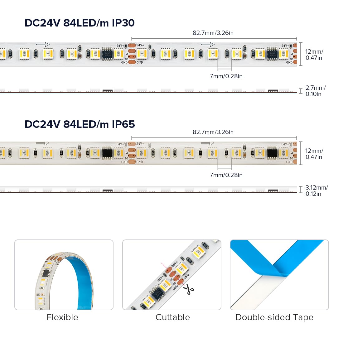 BTF-LIGHTING WS2805 RGBCCT IC Tira LED 5050SMD direccionable de doble señal LED Cinta 5M 84LEDs/M DC24V Flexible Chasing Light Dream Color Blanco PCB IP65 para la Decoración de DIY (Tira Sólo)