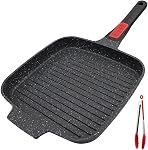 RANXINGST Poêle à griller avec poignée amovible, 10" Pantalon sans bâton avec couvercle carré Steak en aluminium moulé, sans danger four - noir