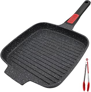 RANX INGST Grill Asador con Rayas, 26 x 24 cm Sartén Parrilla de Aluminio Fundido con Mango Extraíble, Revestimiento Antiadherente (Negro)