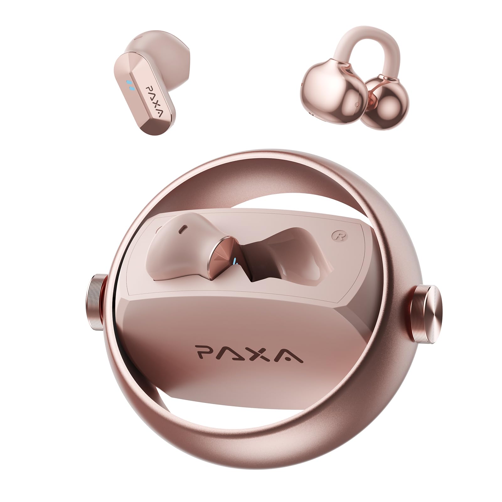 PAXA 2 in 1 a Cuffie Auricolari Aperte Clip per Orecchie Aperte, Bluetooth 6.0 Zero Ritardo, Ultra-Lunga 140 Ore, Riconoscimento Automatico L/R, Hi-Fi Suono per Lavoro Fitness Corsa, Ctbuds Rosa Oro
