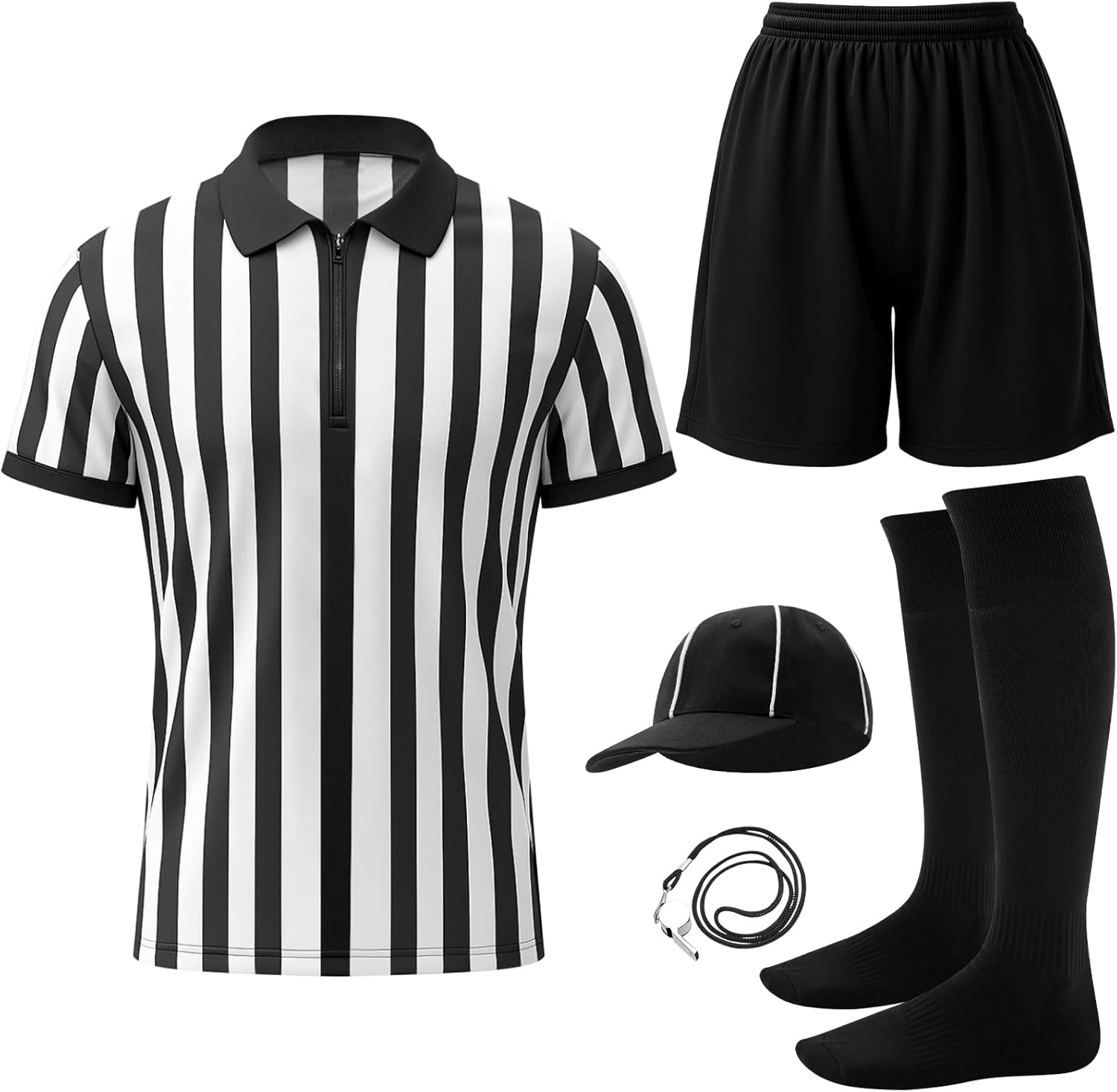 6 Pcs Men's Official Referee Costume Set Black and White Stripe Shirt Shorts and Socks Referee Hat Whistle Tossing Flag