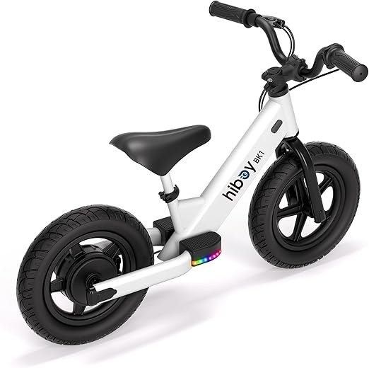 Electric Balance Bike, 12 Inch Tires, 2-Speed Mode (5.6/9 mph), Adjustable Seat, 4.9 Miles Range, Ambient Lights, Electric Bike for Kids Ages 3-5, Gift Box Packaging
