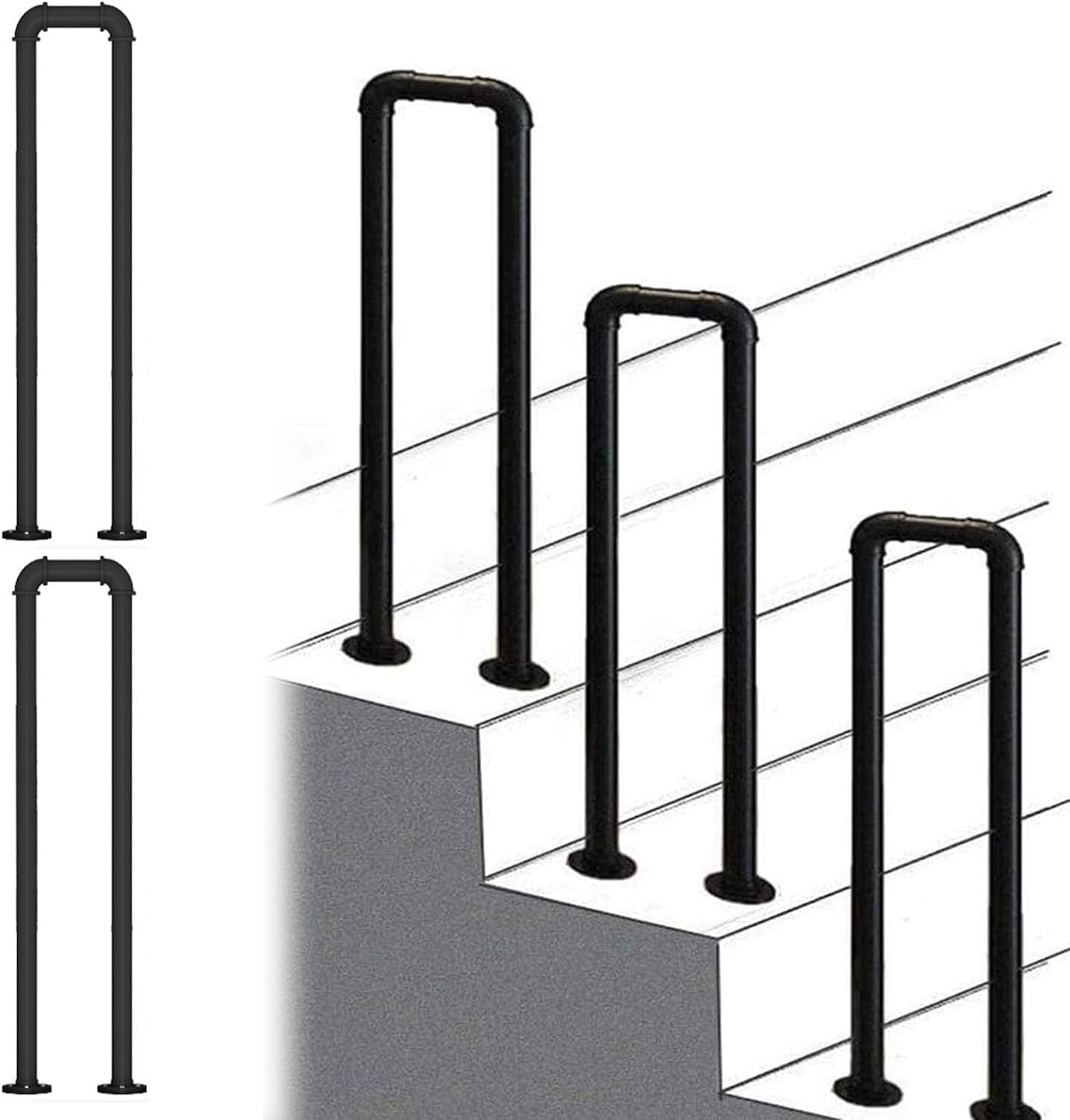 Main courante de terrasse et escalier extérieur : lot de 2 barres en fer noir 75cm