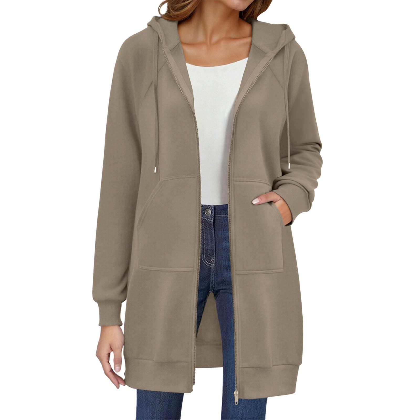 Generico Felpa Donna con Cappuccio Lunga Felpa in Cotone Tinta Unita Caldo e Morbido Giacca Sportiva con Zip Felpe da Invernale con Coulisse Classico e Comodo Sweatshirt da Casa Leggero e Casual