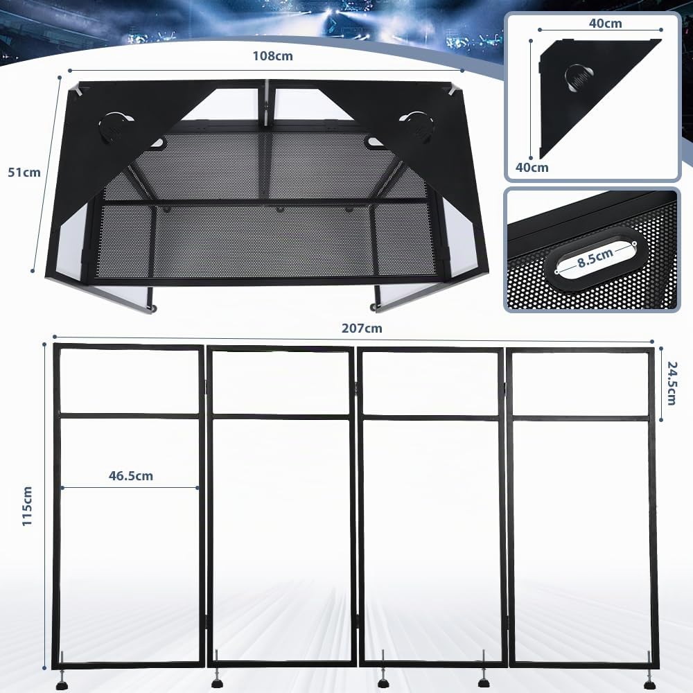 Kokorona Cabina de DJ Portátil de 108 x 51 x 115 cm con esquinas superiores dobles, cabina de fachada de DJ con agujero para cable, soporte de mesa de DJ con tira de luz y control remoto, marco de