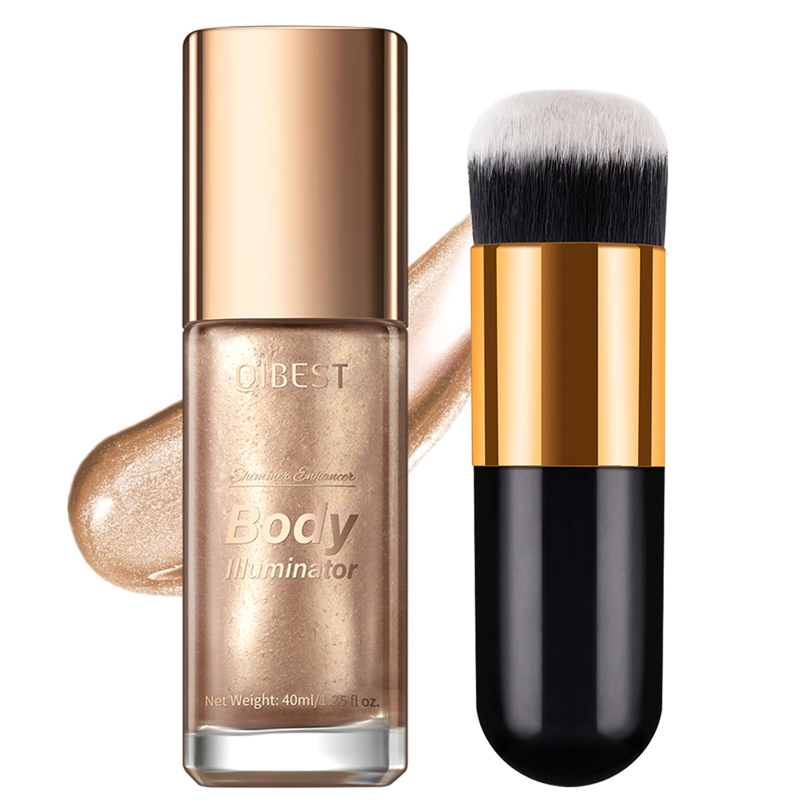 Shimmer Body Oil, Long Lasting Body Shimmer with Makeup Brush, Waterproof Liquid Highlighter, Moisturizing Smooth Body Luminizer for Glowing Skin on Face and Body, 1.35 fl oz (Rose Gold #02)