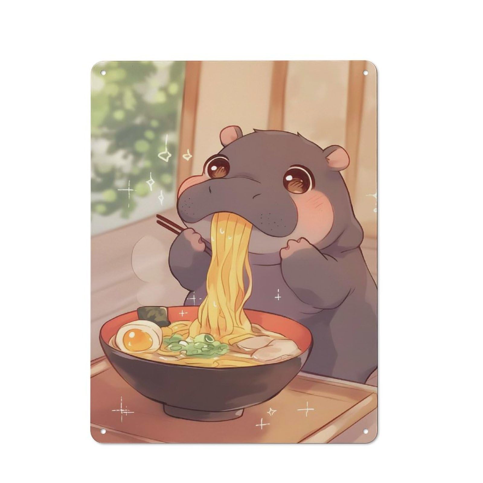 Junmoney Cute Hippo Eating Ramen Illustration Retro Tin Sign 40X30cm For Workshop Wall, For Home Interiors And Metal Sign Collectors