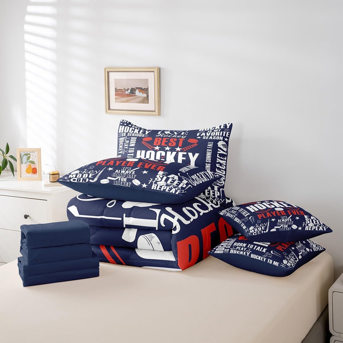Erosebridal Hockey 7 Piece Comforter Set Queen Size,Ice Hockey Motivational Bed in a Bag with Flat Sheet and Fitted Sheet Teens Winter Sports Game Bedding Set with Pillowcase and Case Dark Blue Red