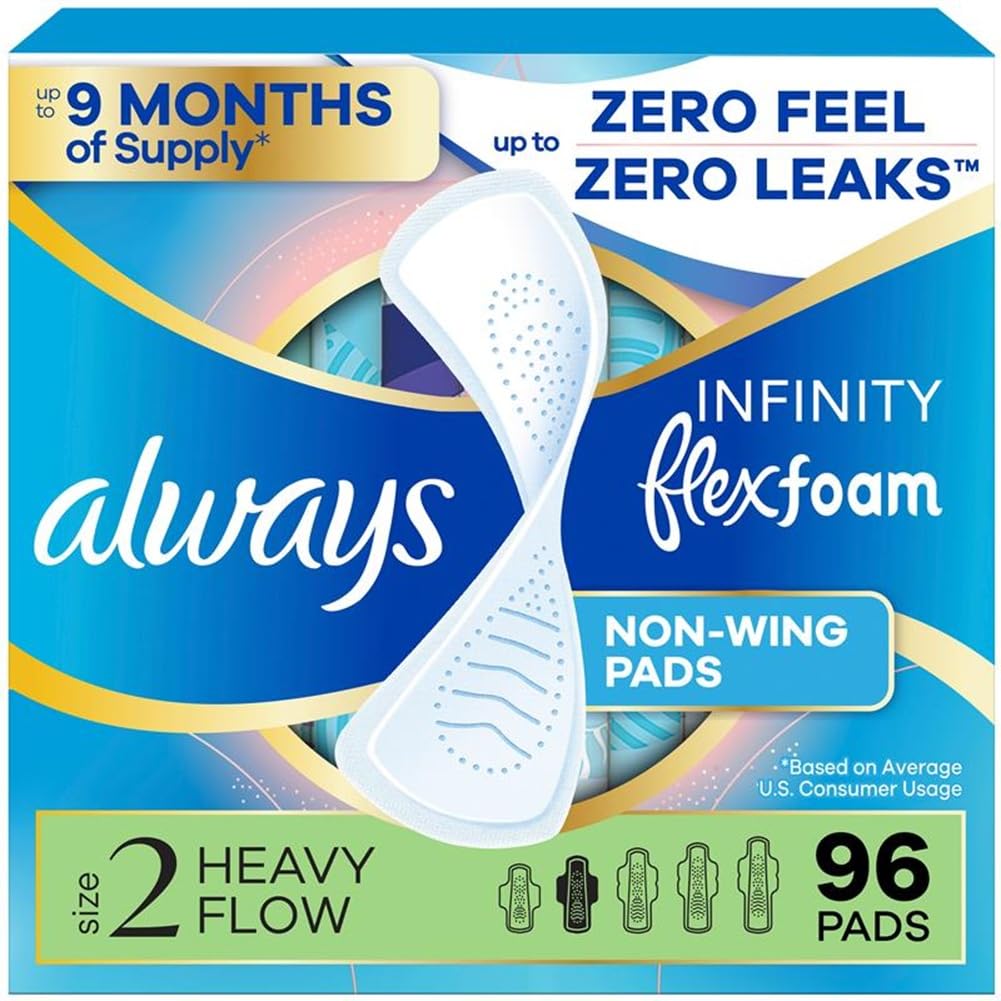 Infinity Flexfoam Feminine Pads for Women, Size 2, Heavy, without wings, Unscented, 32ct X 3 Packs (96 Count Total)