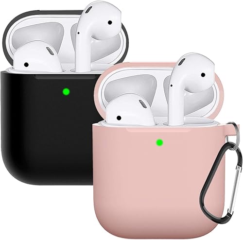 Miniatura 1 de Funda protectora de silicona compatible con el estuche de Airpods 2 y 1 (paquete de 2), color negroarena rosa